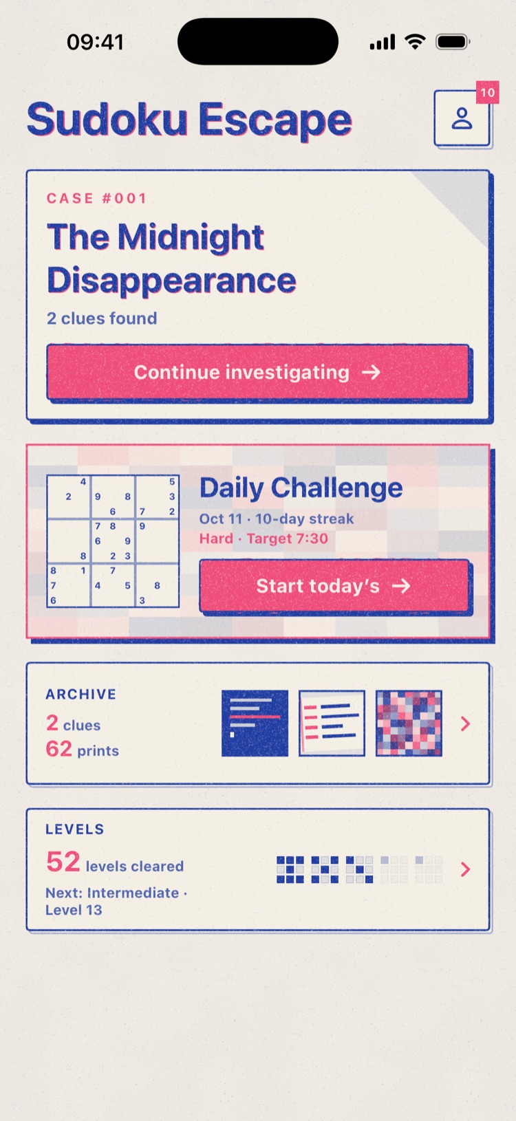 Home and the Daily Challenge - Sudoku Escape