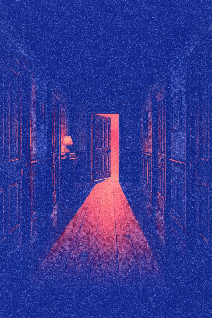 A lit doorway at the end of a dark institute corridor
